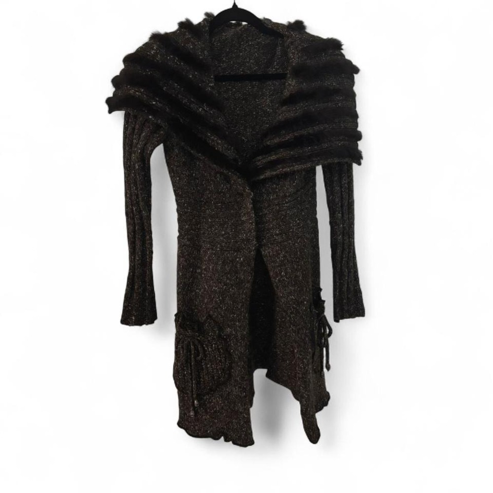 Y2K vintage Brown grey cardigan with mohair wool fur trim #y2k FashionElle - Picture 1 of 8